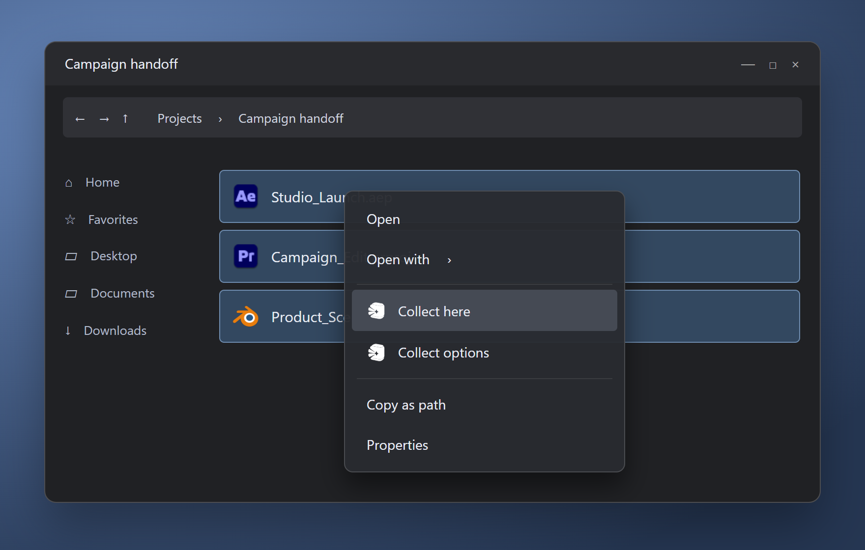 Explorer menu: Collect here