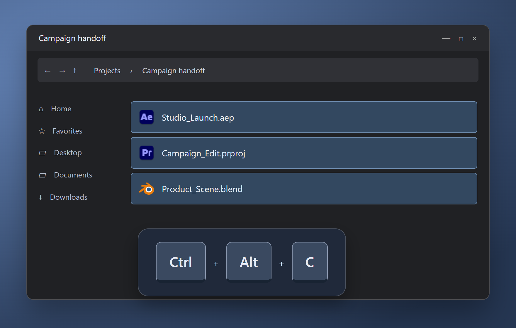 Selected projects with Ctrl Alt C shortcut